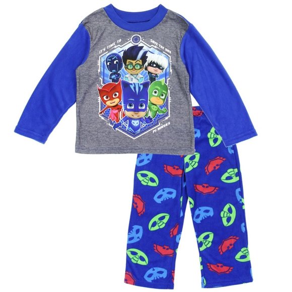 PJ Masks Pajamas 2pc Boys Long Sleeve Top Pants Fleece PJs Set Blue Grey 4 6 8 - Picture 1 of 1